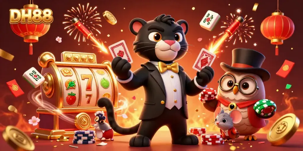 Celebrate wins at DH88 with a panther dealer, owl, and lucky mouse in a dynamic casino illustration.