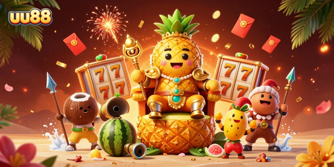 Experience thrilling gameplay with uu88's vibrant 3D illustration of casino fun, featuring a golden king and dynamic elements.