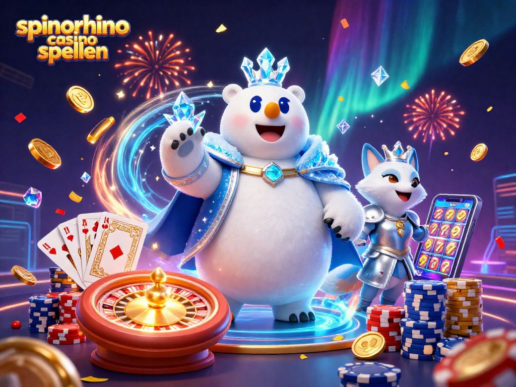 Speel spinorhino casino spellen met een 3D illustratie van een ijs koning en een sneeuwvos in een casinoscène.