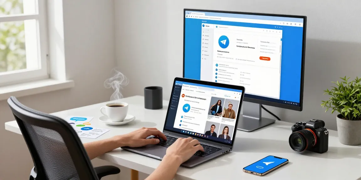 Accessing the Telegram Web Version from a modern workspace with chat tabs open and tech gadgets.