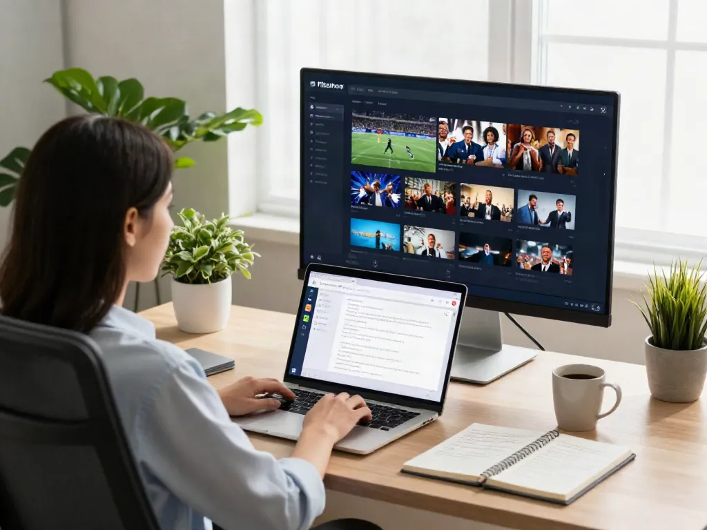 User enjoying Pikashow for PC on a laptop within a modern home office, showcasing streaming features and a vibrant workspace.