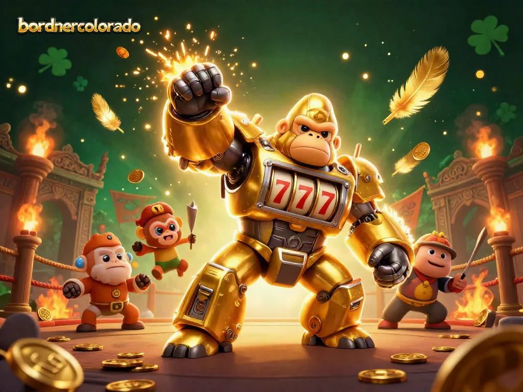 Experience bold gaming excitement with bordnercolorado's iconic golden gorilla mech in an action-packed scene!