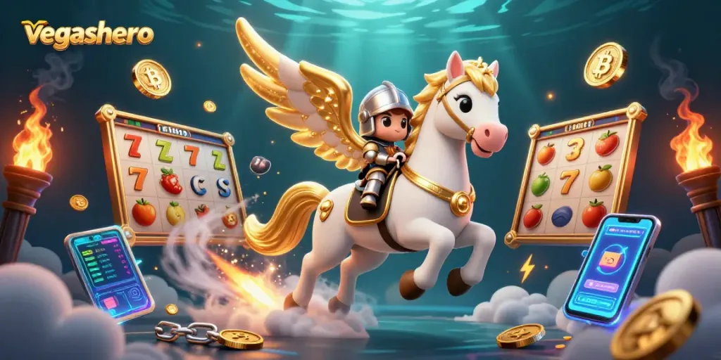 Play big at vegashero casino with colorful slot reels and a fantasy knight illustration.