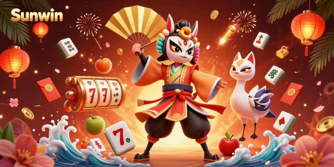 Play slots at Sunwin with vibrant 3D characters and colorful casino elements.