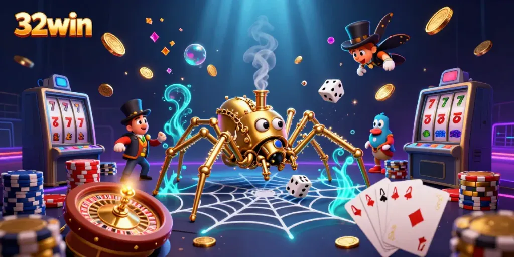 Experience thrilling gameplay at 32win with immersive casino elements including a golden spider web.