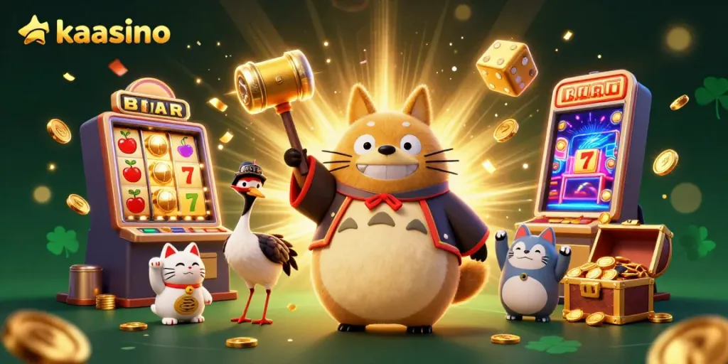 Kaasino players enjoying vibrant 3D casino action with lucky characters and jackpot excitement.