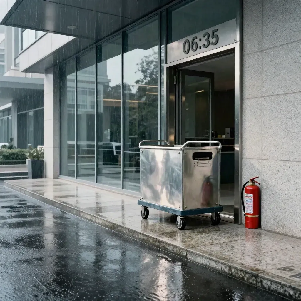 Natte entree van modern gebouw met onderhoudskar, inspectieluik en brandblusser in ochtendmist.