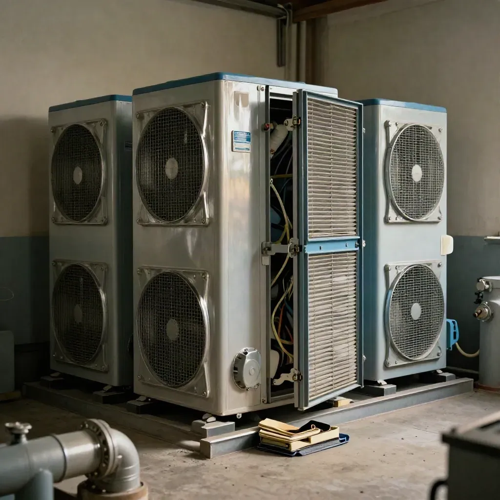 Drie warmtepompkasten in een technische ruimte met open deur, filters en gereedschap.