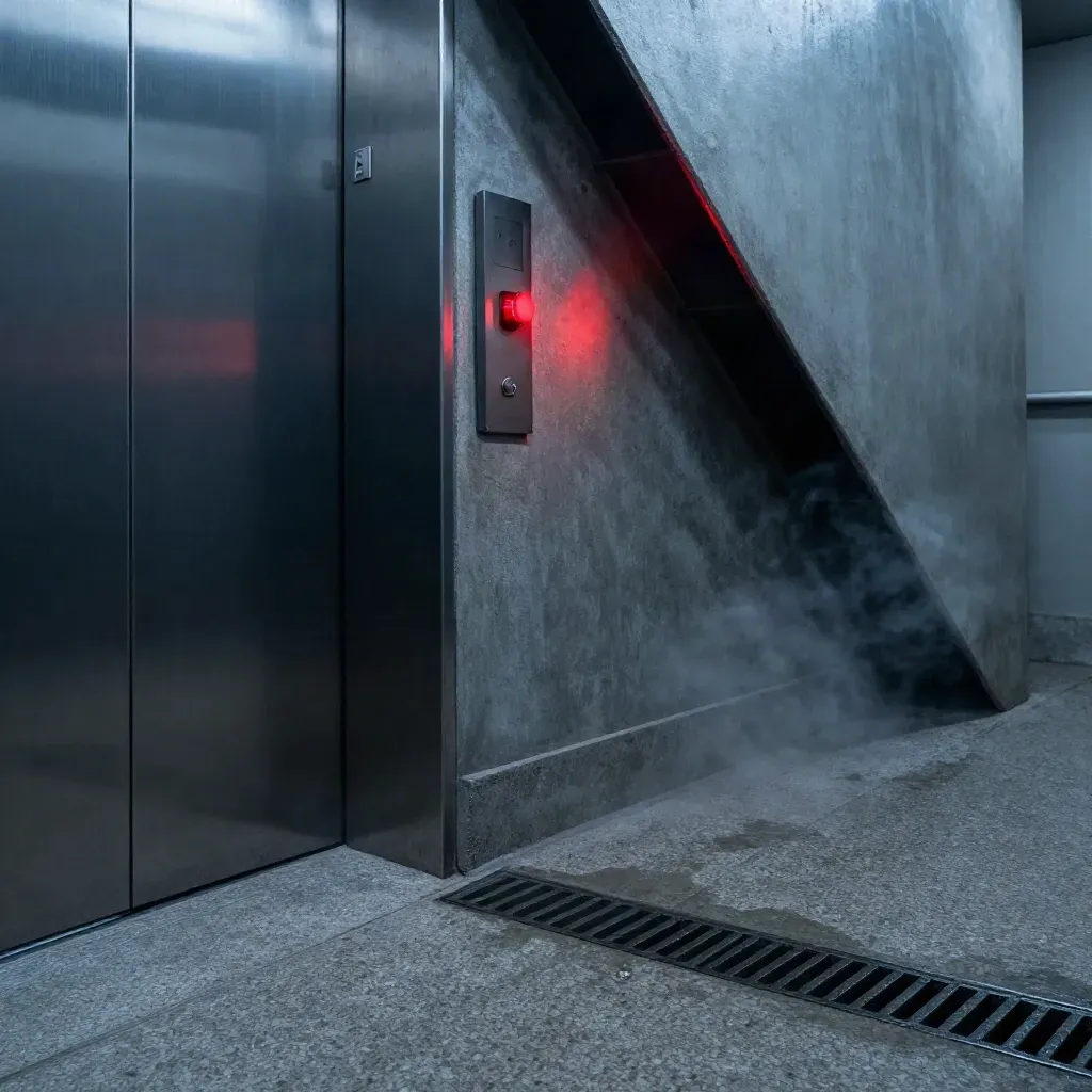Liftlobby met rood waarschuwingslicht, gesloten paneel en waterdruppel bij de vloergoot.