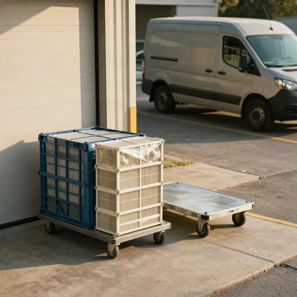 Laadkade met filters, onderdelenkrat, trolley en servicebus bij de achteringang.
