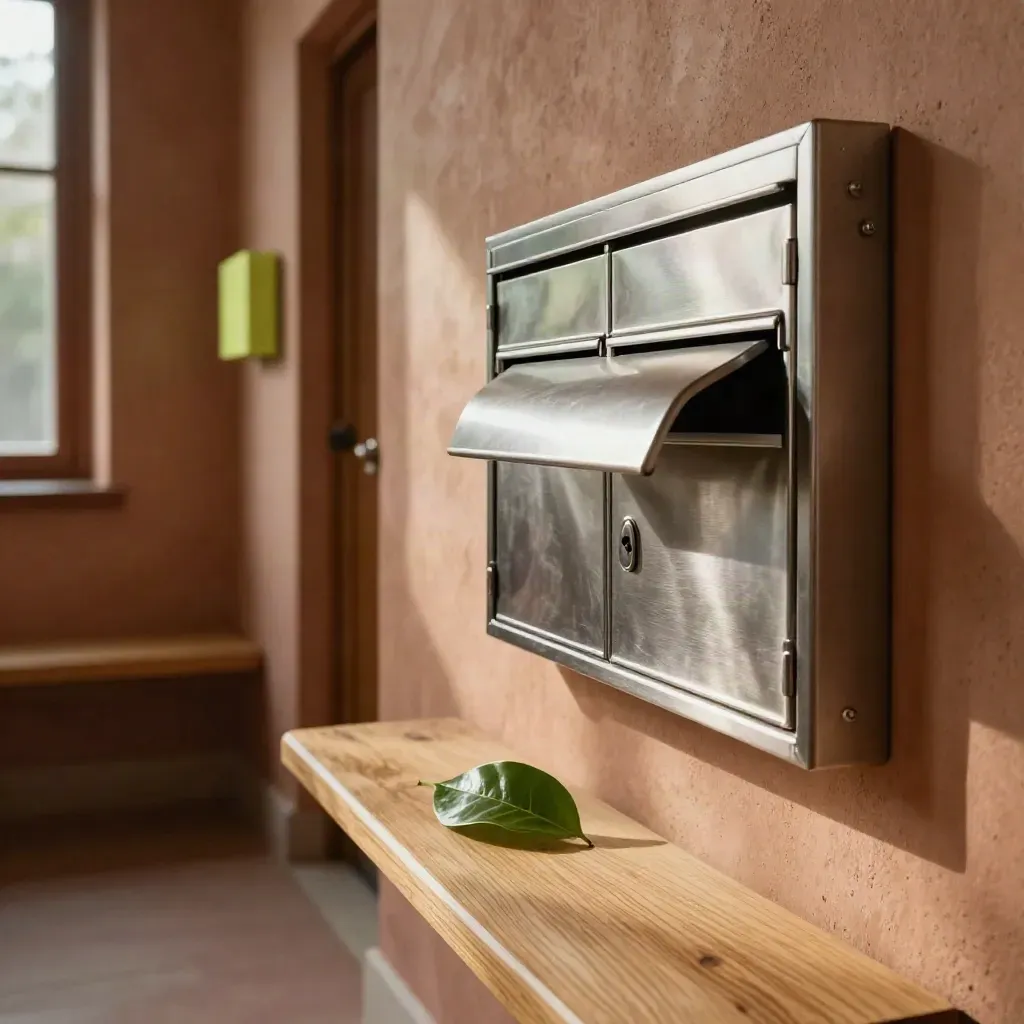 Stille woonlobby met postkasten, bankje, plant en beheerhoek in warm licht