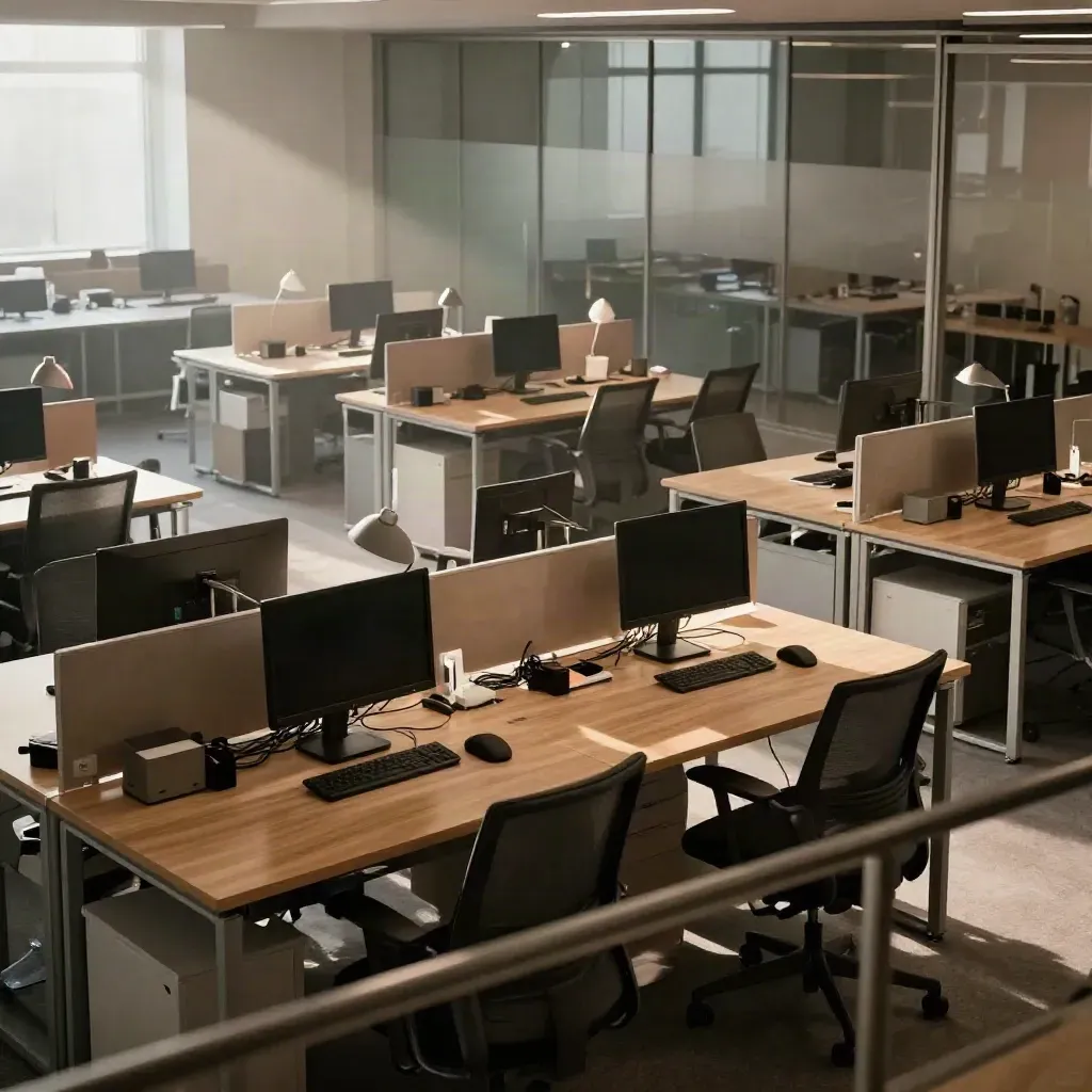 Lege kantoorvloer met bureaus, stoelen en glazen wand vanaf de mezzanine.
