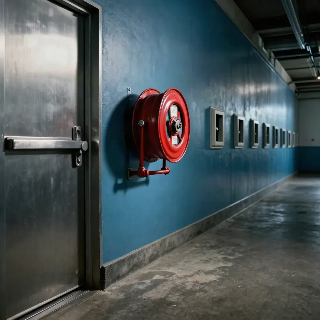 Technische hal met brandslanghaspel, nooddeur en inspectiepunten in strak ritme
