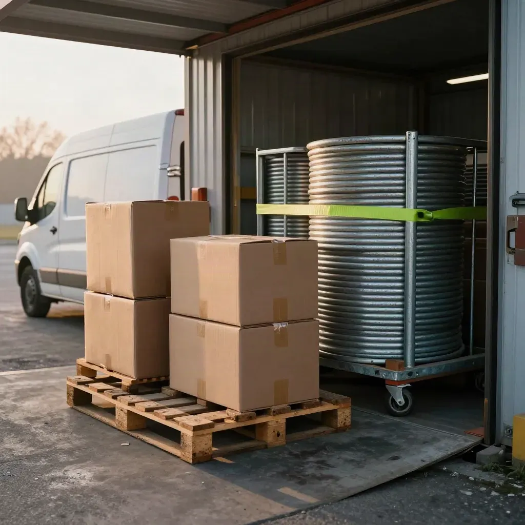 Ladeperron met pallets, verzegelde dozen, rolkarren en een bestelbus in koel ochtendlicht.