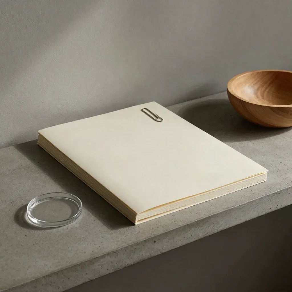 Neutrale dossiermap met paperclip, glazen onderzetter en houten schaal op betonnen plank.