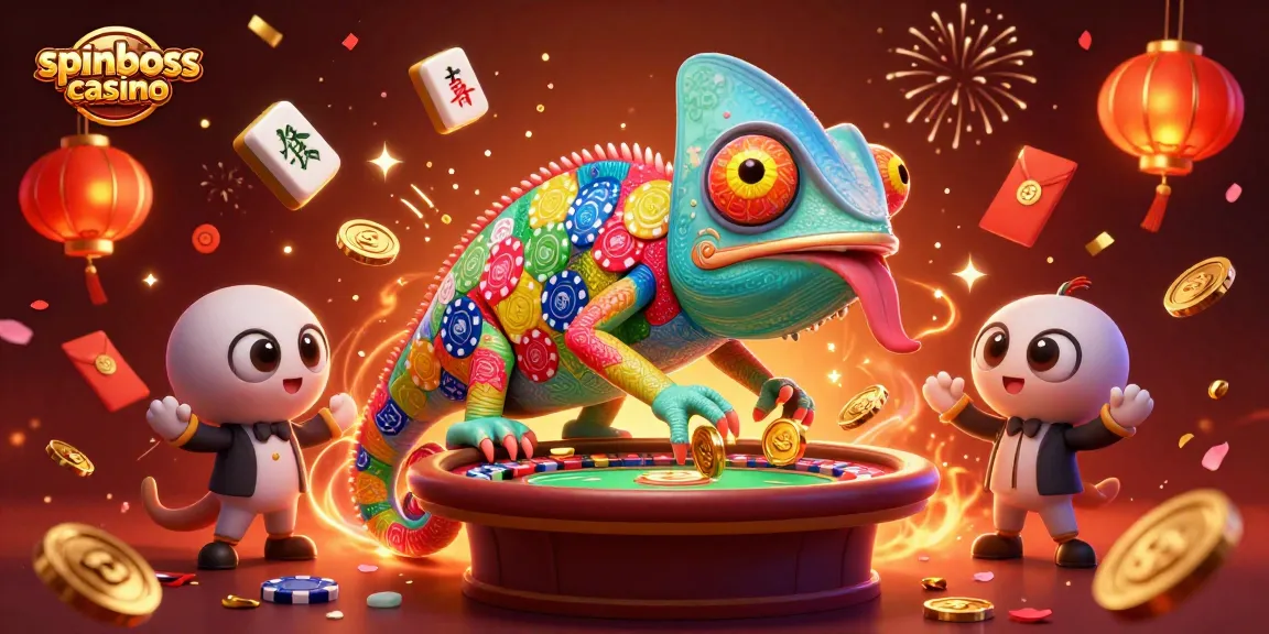 Experience the excitement of spinboss casino with a vibrant chameleon owner amid festive gambling elements.