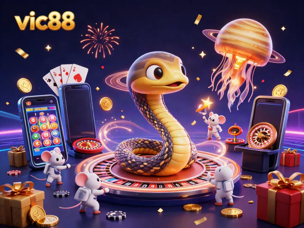 Experience casino excitement with vic88 as astronaut mice bet around a Saturn ring roulette wheel in space.