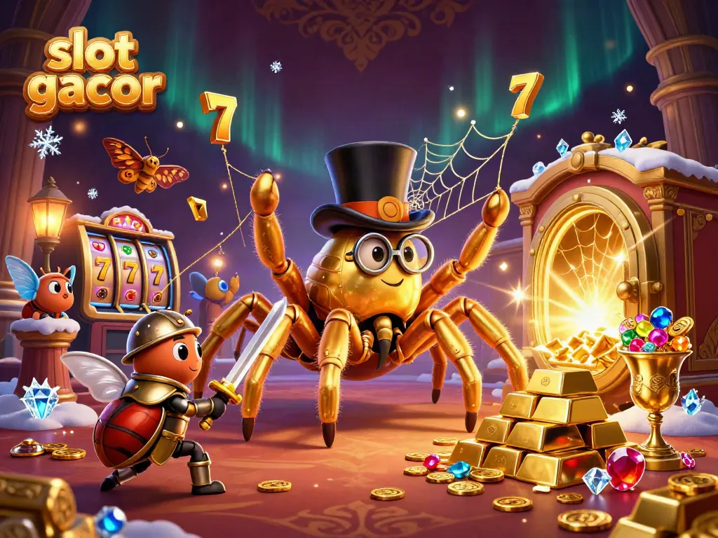 Experience slot gacor with a golden tarantula weaving its web amid casino excitement.