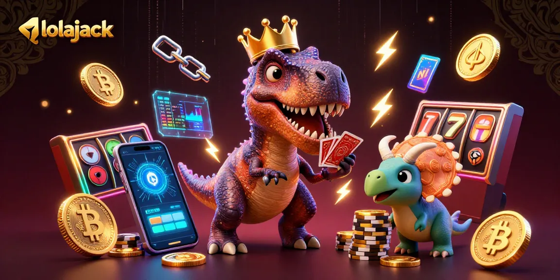 Experience thrilling gameplay at lolajack Casino with cartoon dinosaurs shuffling cards and stacking chips.
