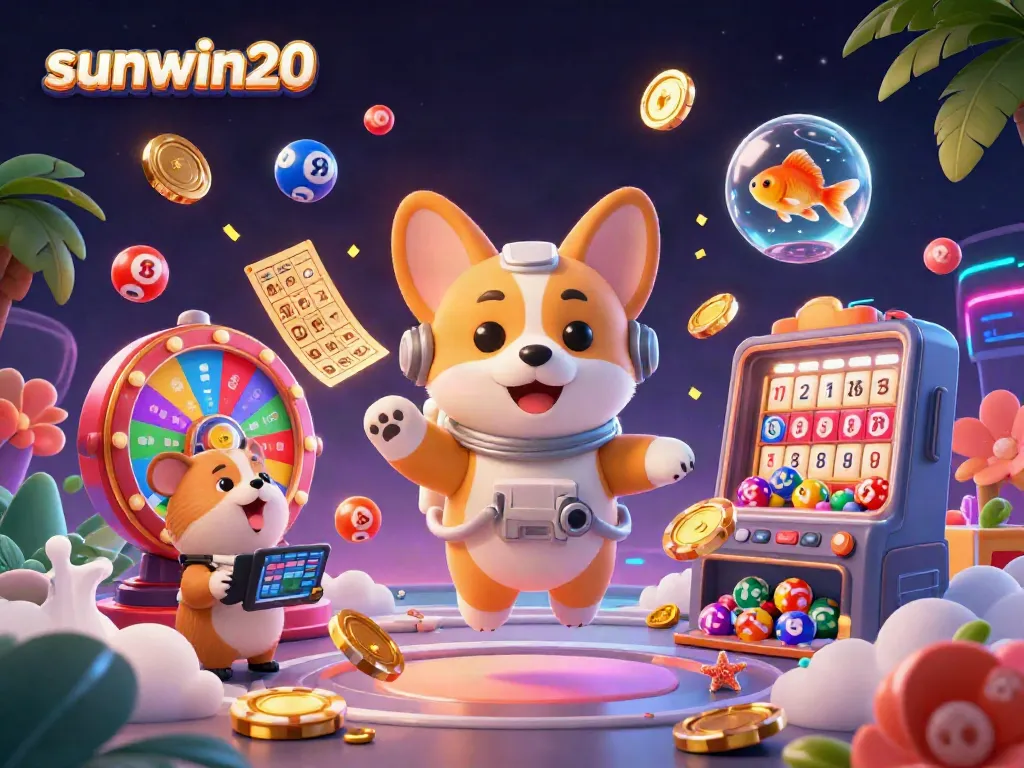 Experience the thrill of winning at sunwin20 with an astronaut corgi in a cosmic casino setting filled with vibrant games.