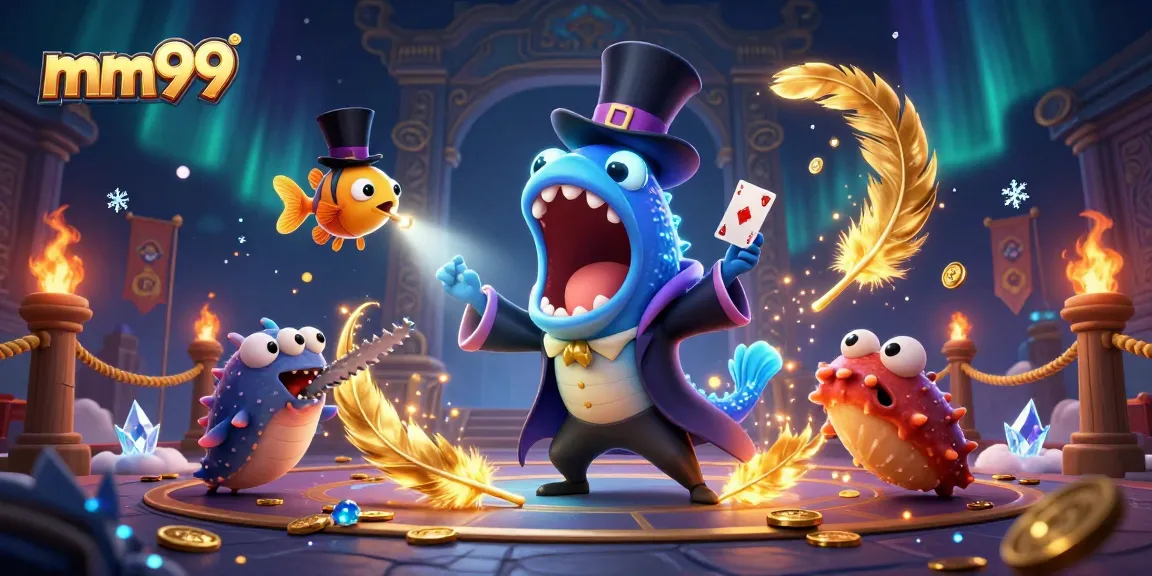 Experience magical card tricks with mm99's unique casino characters in a vibrant 3D ocean scene.