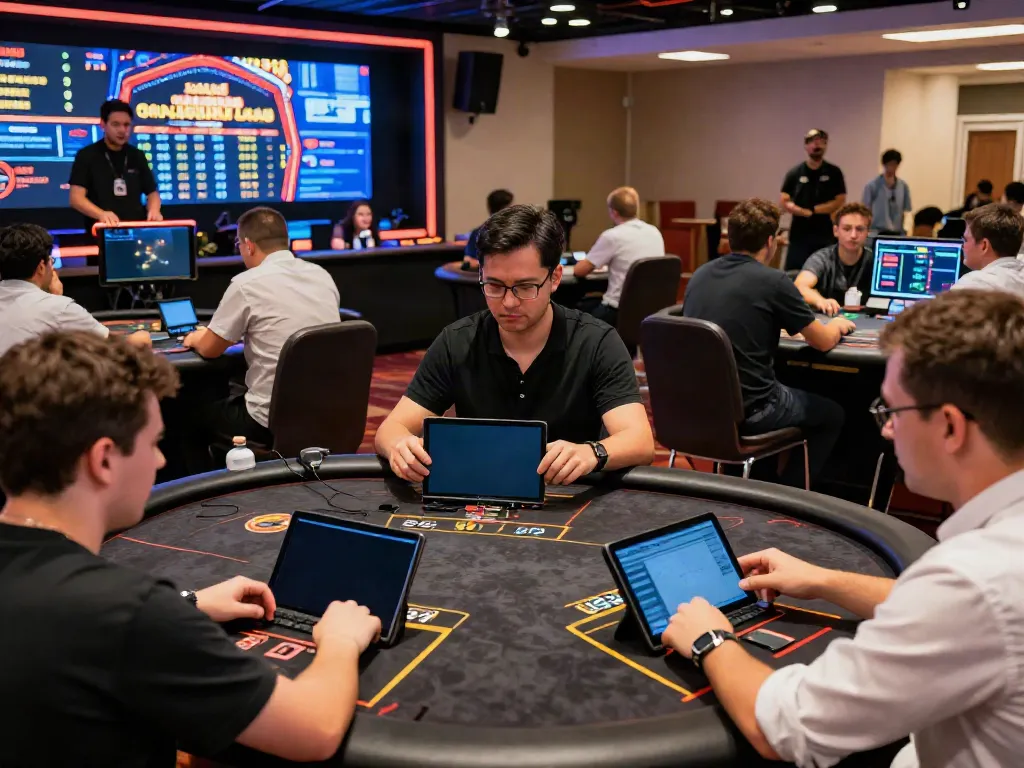 Engaging online gaming atmosphere showcasing players at tables and vibrant promotions on screens at https://manclub1.jp.net/.