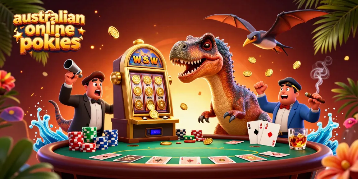 A 3D cartoon scene of australian online pokies with a dinosaur, a slot machine, and flying coins.