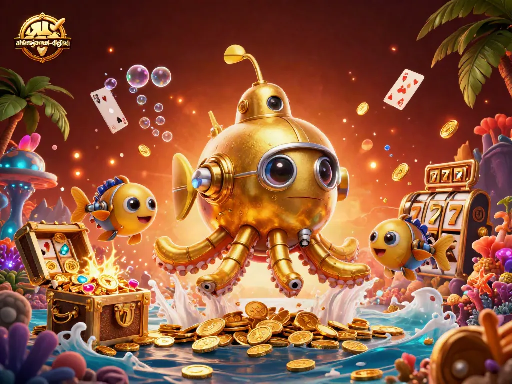 Win big with ahimajournal-digital's vibrant online casino adventure featuring golden kraken and slot reels.