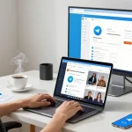 Accessing the Telegram Web Version from a modern workspace with chat tabs open and tech gadgets.