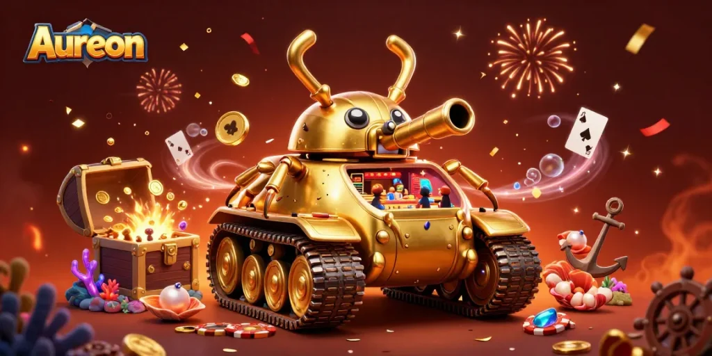 Aureon casino-themed 3D illustration featuring vibrant games and rich designs for online gamblers.